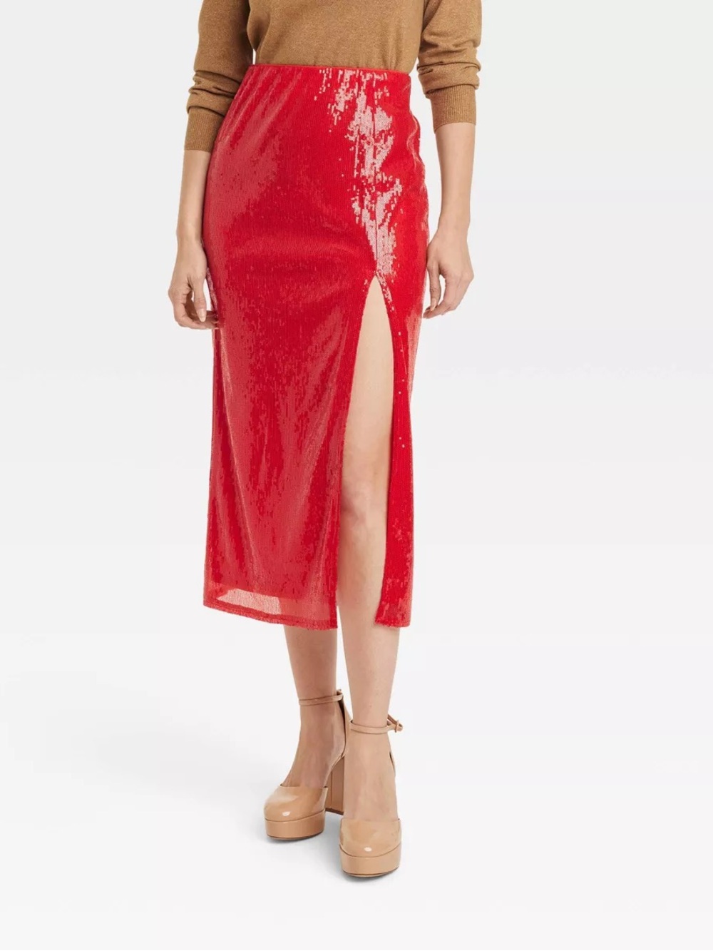 Red Sequin Midi Skirt with Side Slit